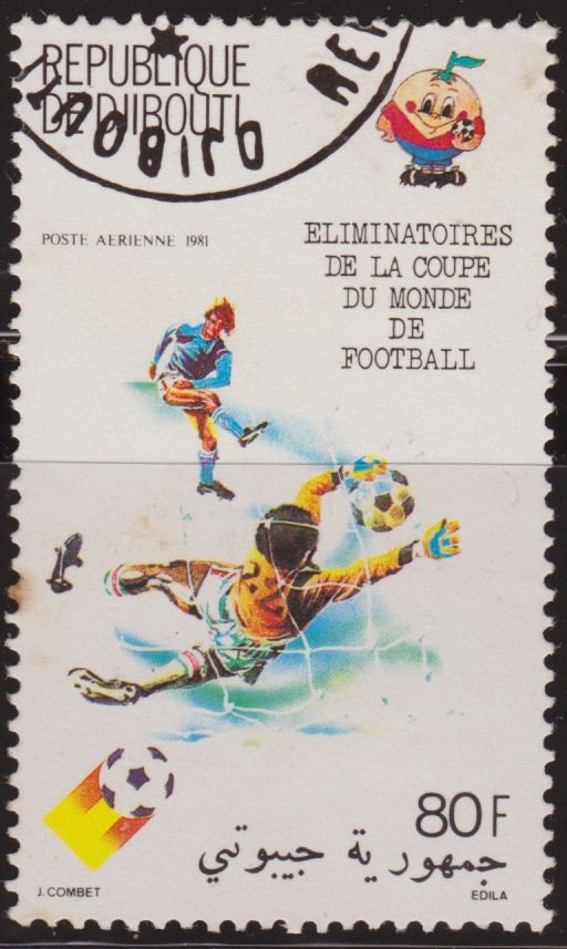 Djibouti 1981 Scott C141 Sello * Futbol Coupe du Monde World Cup Soccer España Naranjito 80F Correo Aereo con oxido